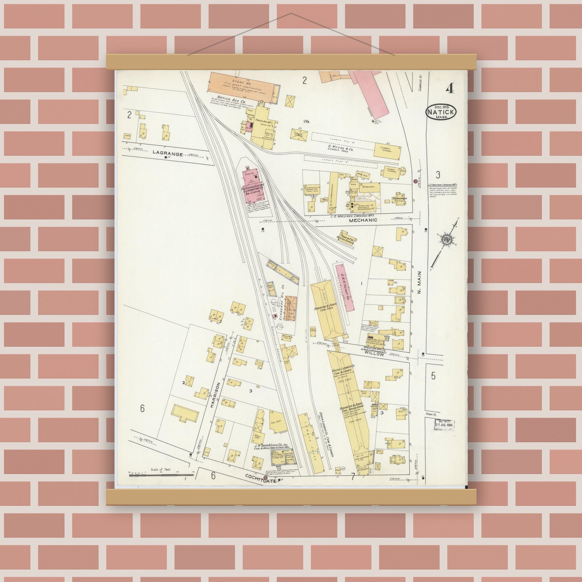 Old map wall art mockup — magnetic wood frame on brick wall — Sanborn Fire Insurance Map from Natick, Middlesex County, Massachusetts (1915), Sheet #0004