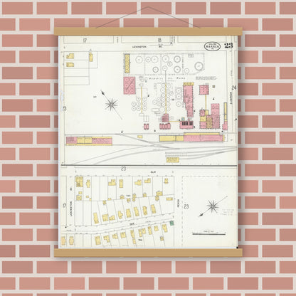 Old map wall art mockup — magnetic wood frame on brick wall — Sanborn Fire Insurance Map from Warren, Warren County, Pennsylvania (1904), Sheet #0023