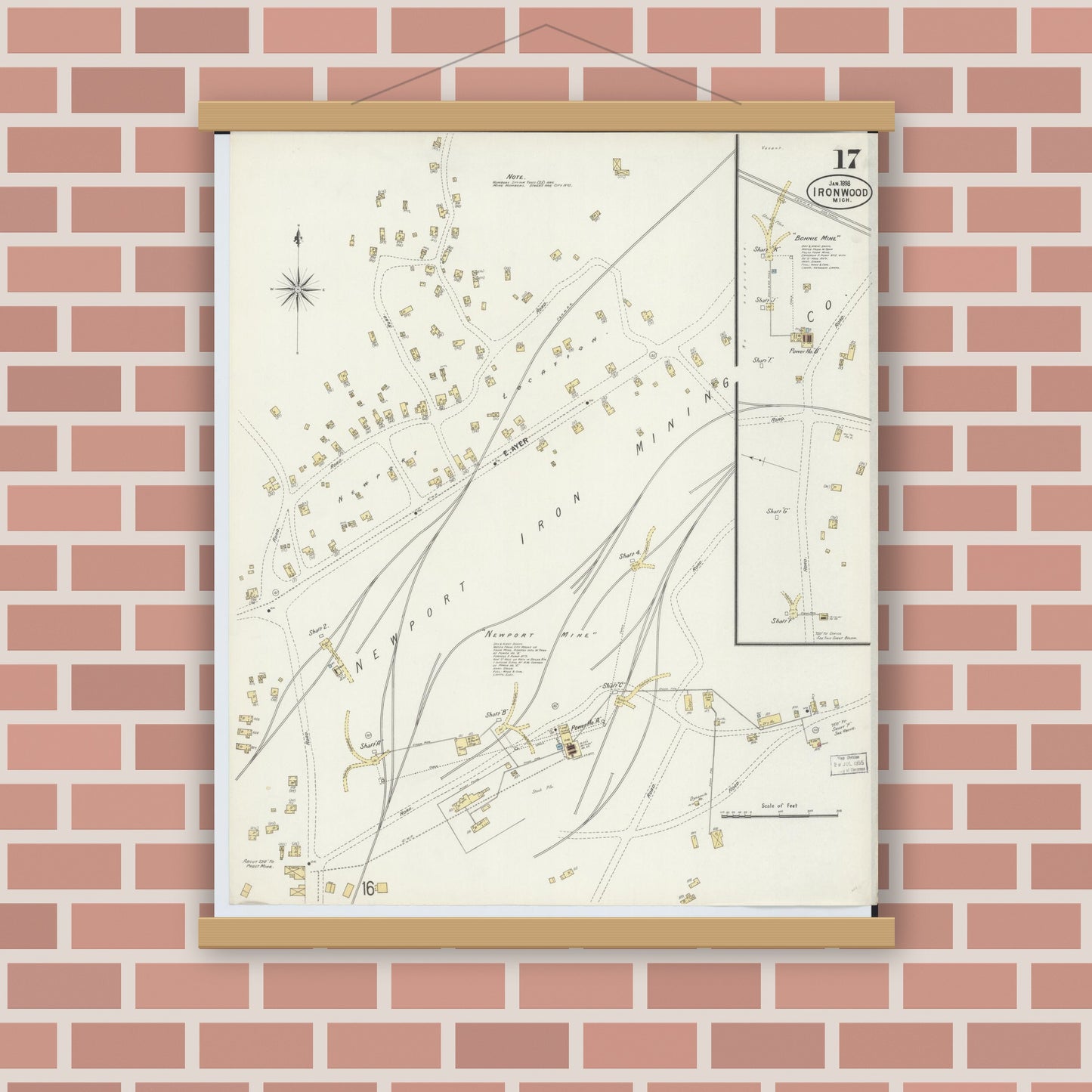 Old map wall art mockup — magnetic wood frame on brick wall — Sanborn Fire Insurance Map from Ironwood, Gogebic County, Michigan (1898), Sheet #0017