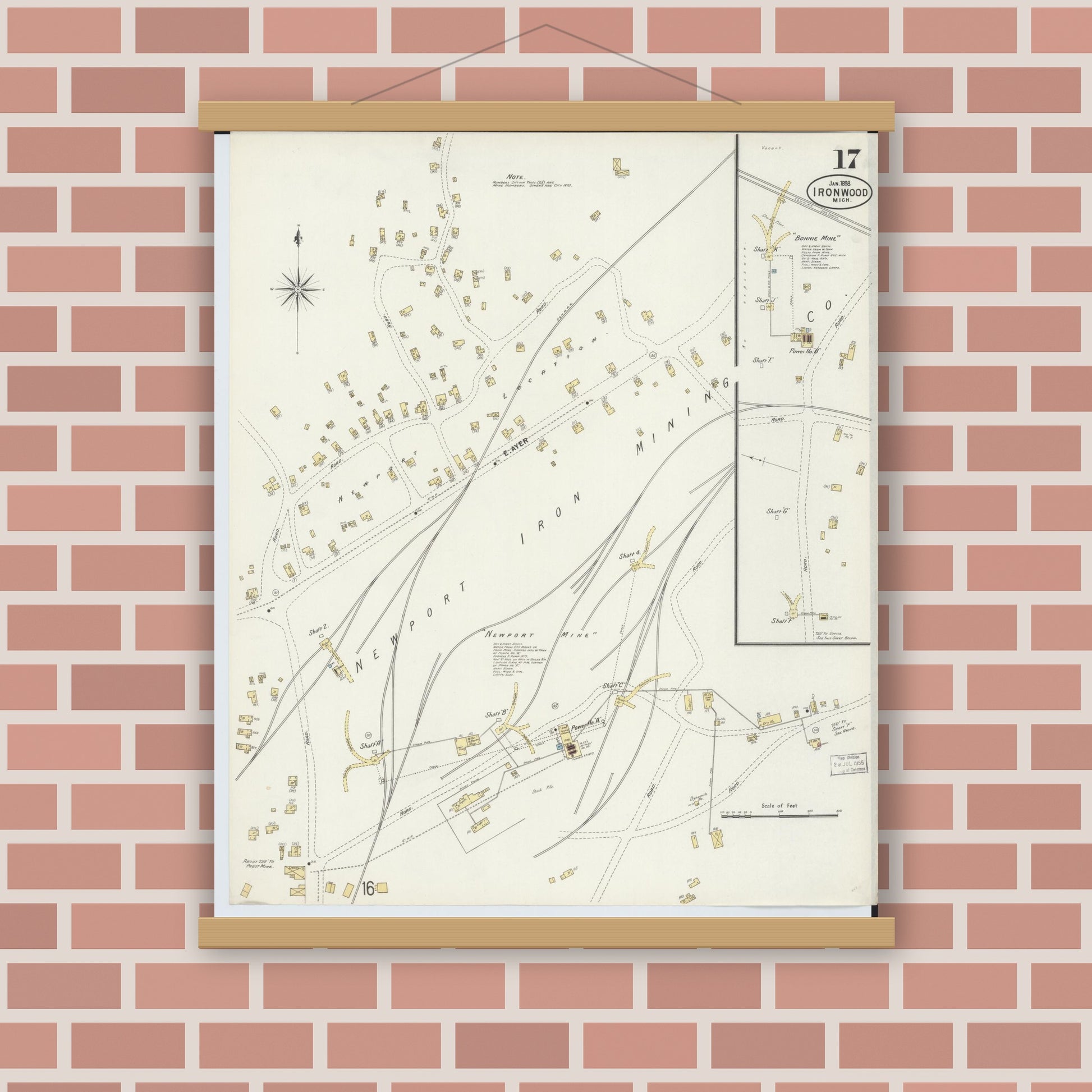 Old map wall art mockup — magnetic wood frame on brick wall — Sanborn Fire Insurance Map from Ironwood, Gogebic County, Michigan (1898), Sheet #0017