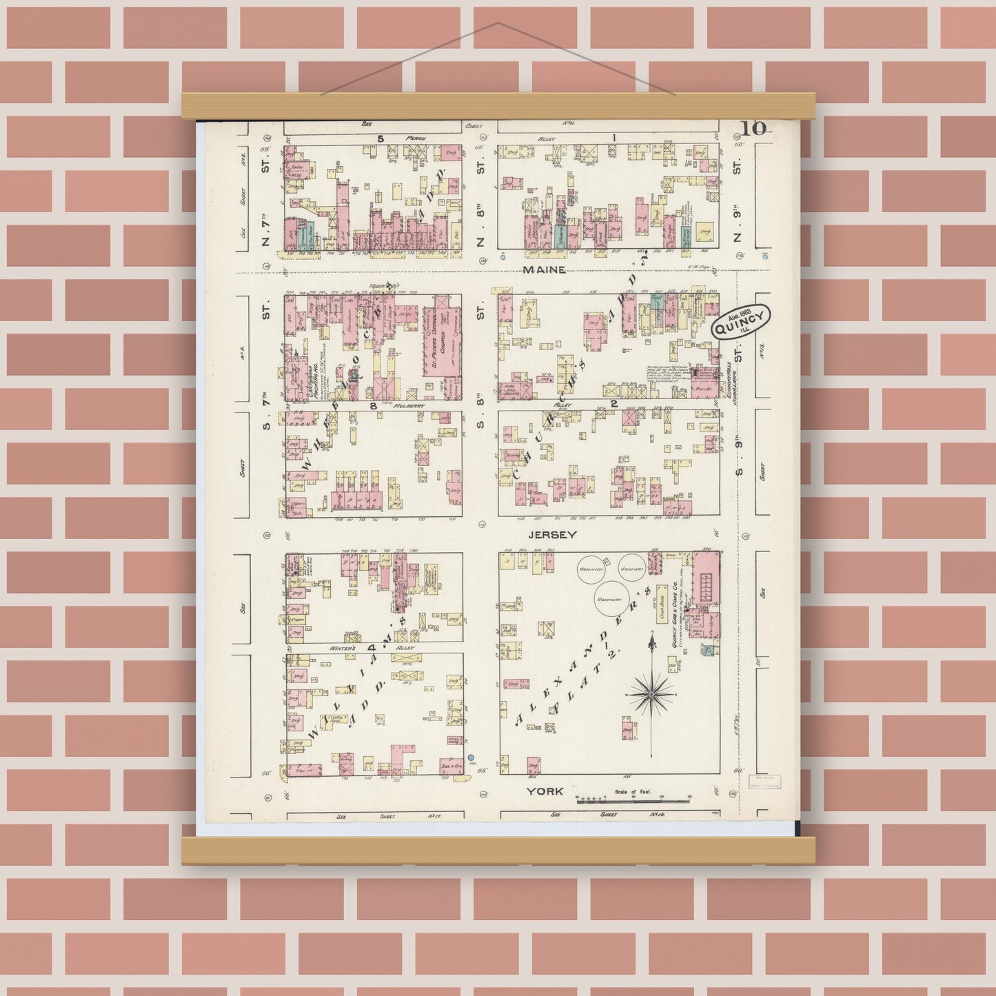 Old map wall art mockup — magnetic wood frame on brick wall — Sanborn Fire Insurance Map from Quincy, Adams County, Illinois (1883), Sheet #0010