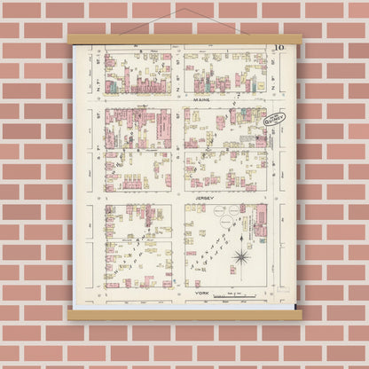 Old map wall art mockup — magnetic wood frame on brick wall — Sanborn Fire Insurance Map from Quincy, Adams County, Illinois (1883), Sheet #0010
