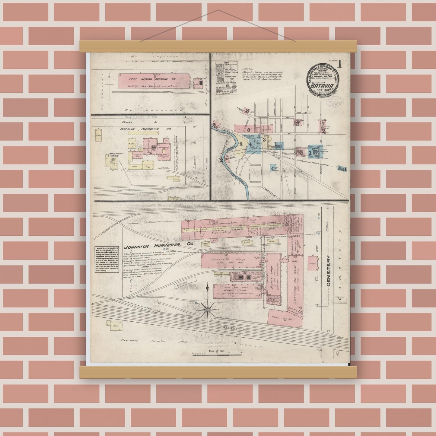 Old map wall art mockup — magnetic wood frame on brick wall — Sanborn Fire Insurance Map from Batavia, Genesee County, New York (1884) - Complete Map Set