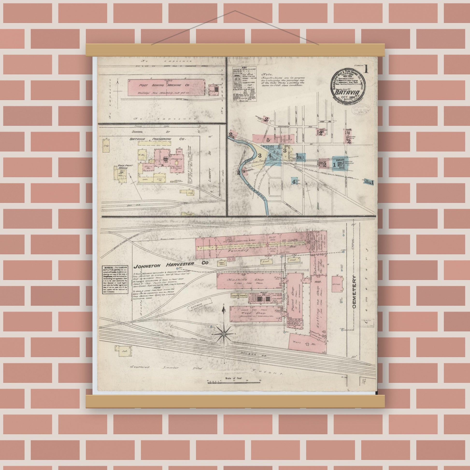Old map wall art mockup — magnetic wood frame on brick wall — Sanborn Fire Insurance Map from Batavia, Genesee County, New York (1884) - Complete Map Set