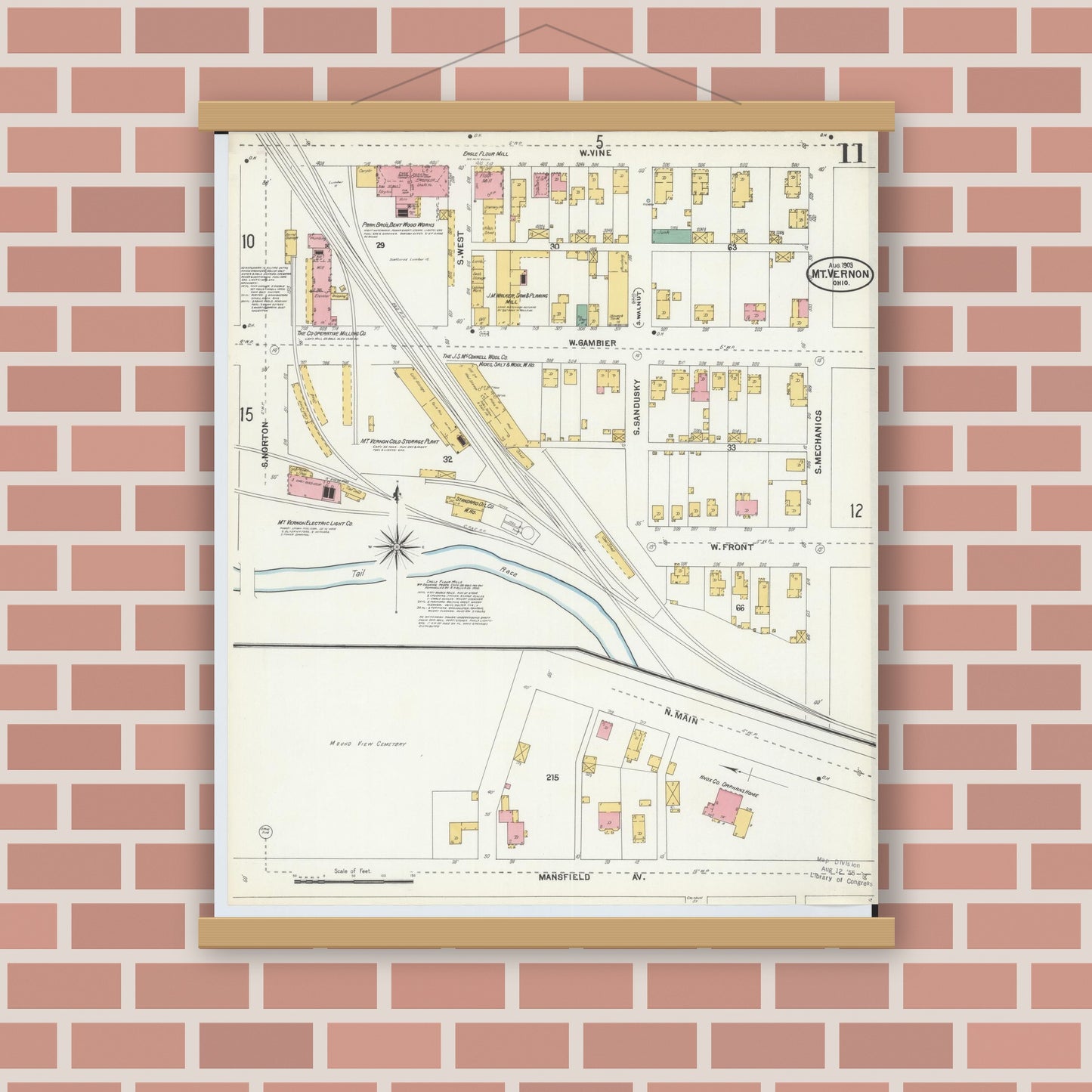 Old map wall art mockup — magnetic wood frame on brick wall — Sanborn Fire Insurance Map from Mount Vernon, Knox County, Ohio (1903), Sheet #0011