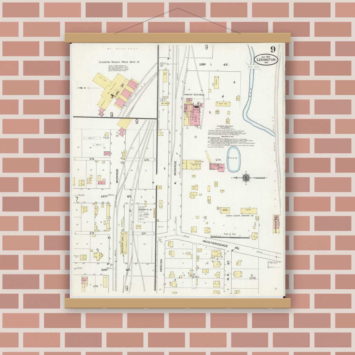 Old map wall art mockup — magnetic wood frame on brick wall — Sanborn Fire Insurance Map from Lexington, Lafayette County, Missouri (1910), Sheet #0009
