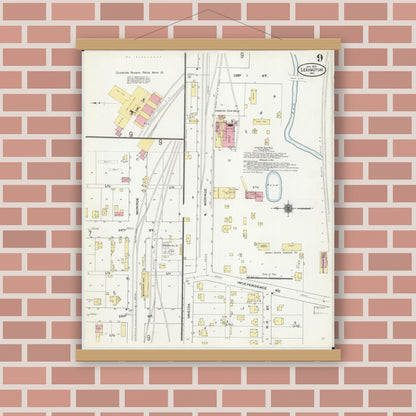 Old map wall art mockup — magnetic wood frame on brick wall — Sanborn Fire Insurance Map from Lexington, Lafayette County, Missouri (1910), Sheet #0009