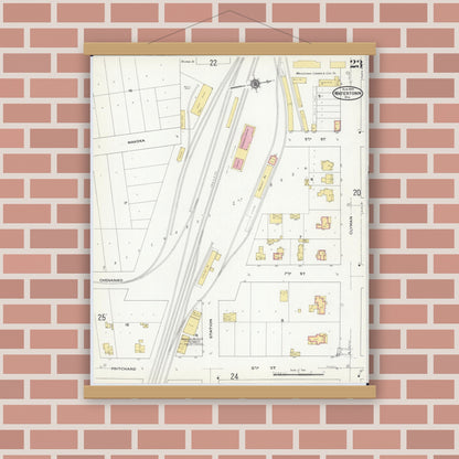 Old map wall art mockup — magnetic wood frame on brick wall — Sanborn Fire Insurance Map from Watertown, Jefferson County, Wisconsin (1909), Sheet #0023