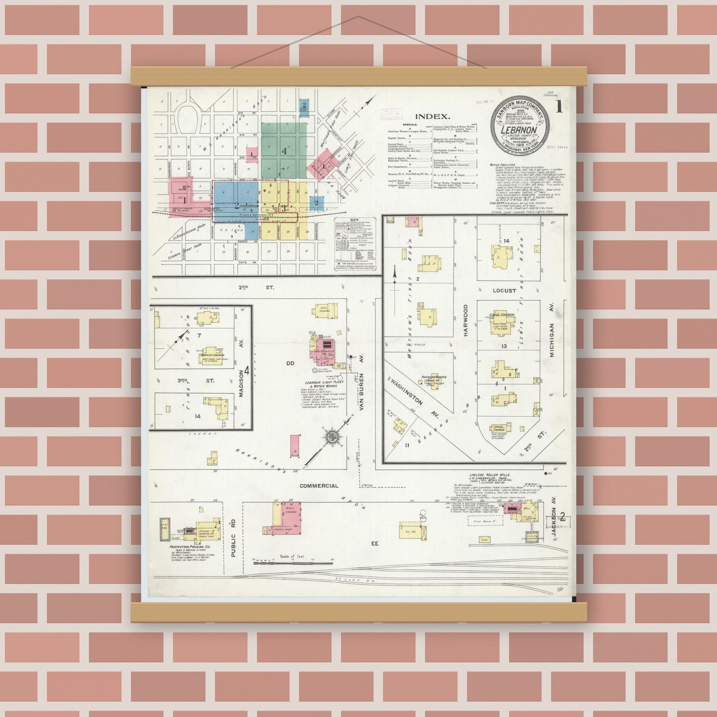 Old map wall art mockup — magnetic wood frame on brick wall — Sanborn Fire Insurance Map from Lebanon, Laclede County, Missouri (1910), Sheet #0001