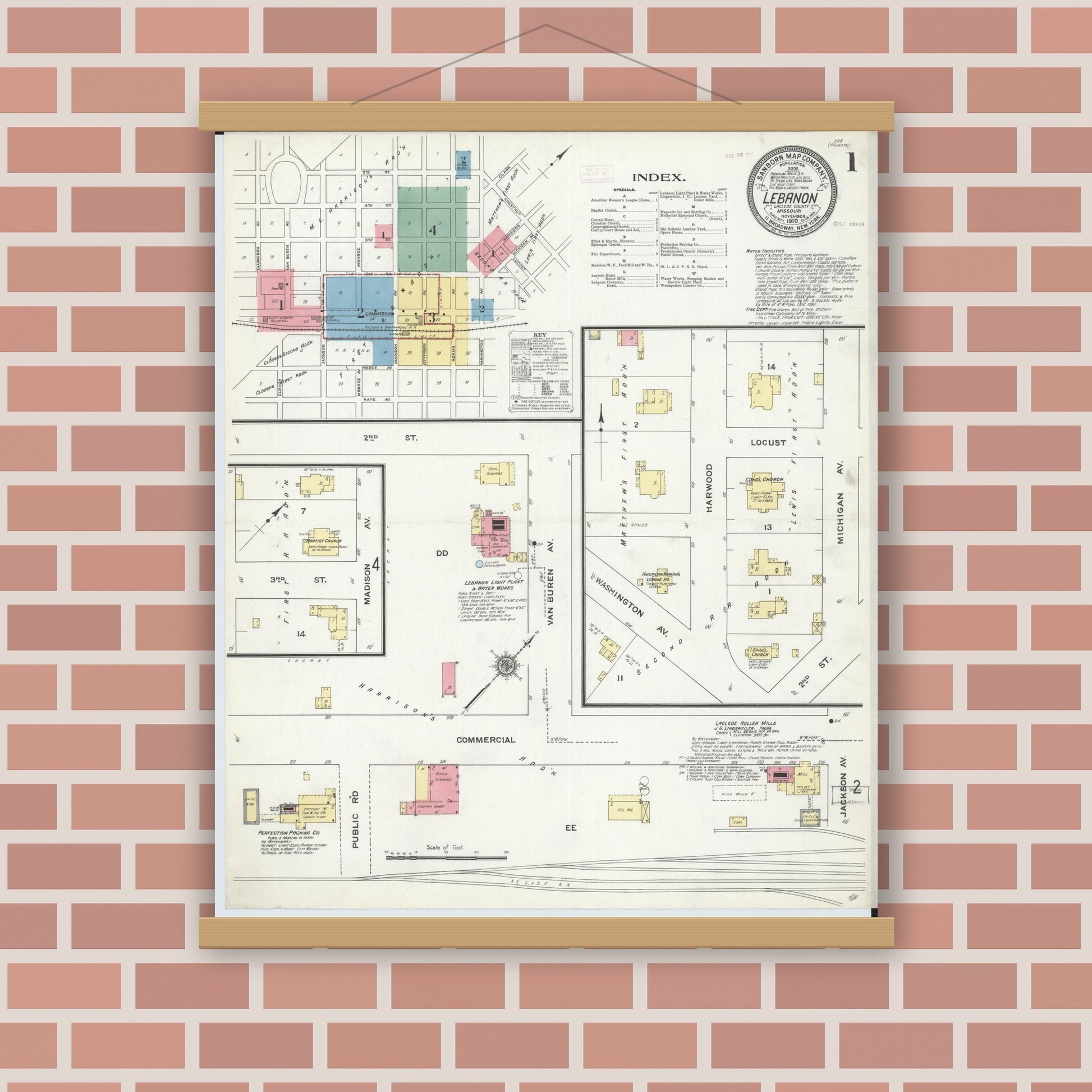 Old map wall art mockup — magnetic wood frame on brick wall — Sanborn Fire Insurance Map from Lebanon, Laclede County, Missouri (1910), Sheet #0001