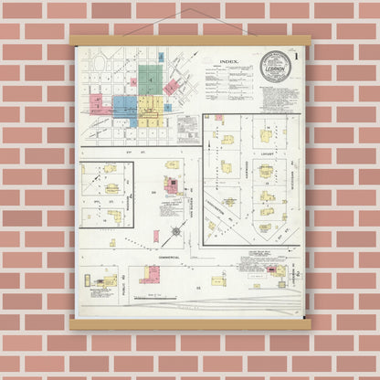 Old map wall art mockup — magnetic wood frame on brick wall — Sanborn Fire Insurance Map from Lebanon, Laclede County, Missouri (1910), Sheet #0001