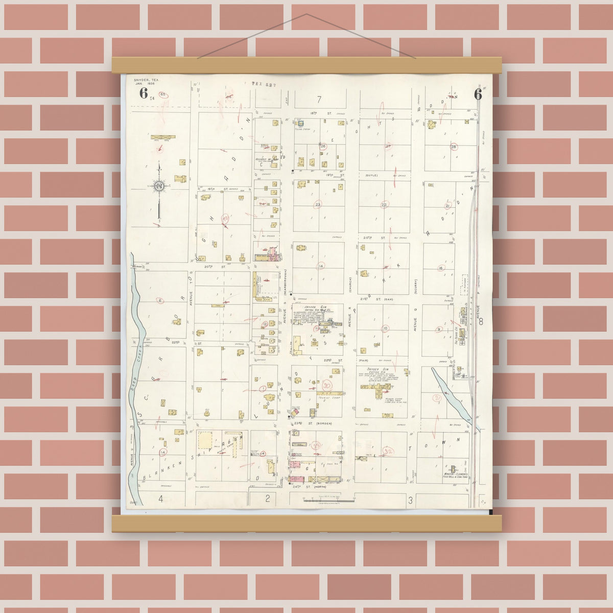 Old map wall art mockup — magnetic wood frame on brick wall — Sanborn Fire Insurance Map from Snyder, Scurry County, Texas (1942), Sheet #0006