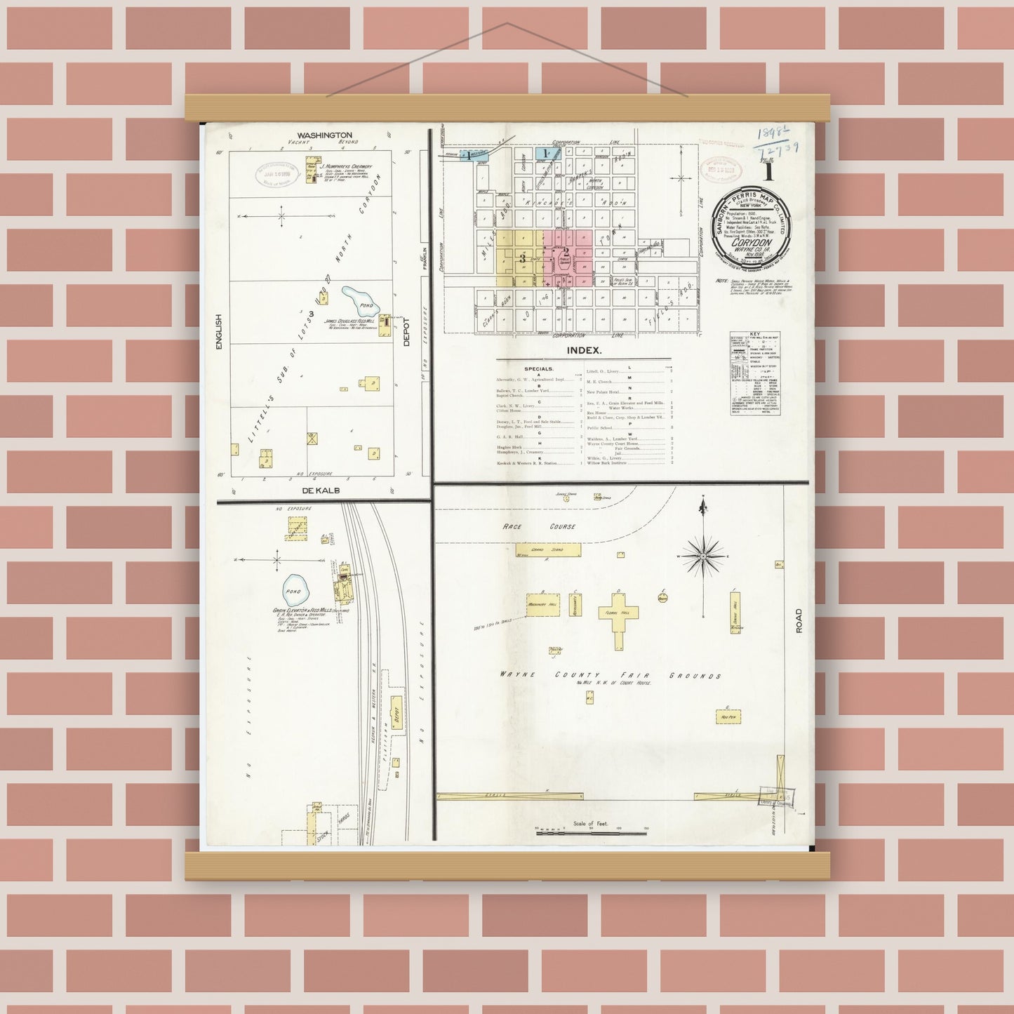 Old map wall art mockup — magnetic wood frame on brick wall — Sanborn Fire Insurance Map from Corydon, Wayne County, Iowa (1898) â€” Complete Set