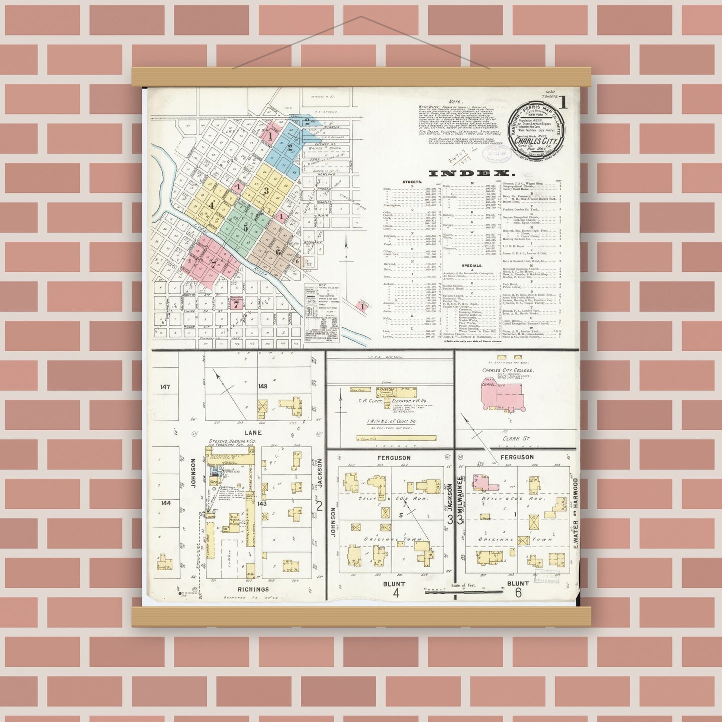 Old map wall art mockup — magnetic wood frame on brick wall — Sanborn Fire Insurance Map from Charles City, Floyd County, Iowa (1897) â€” Complete Set
