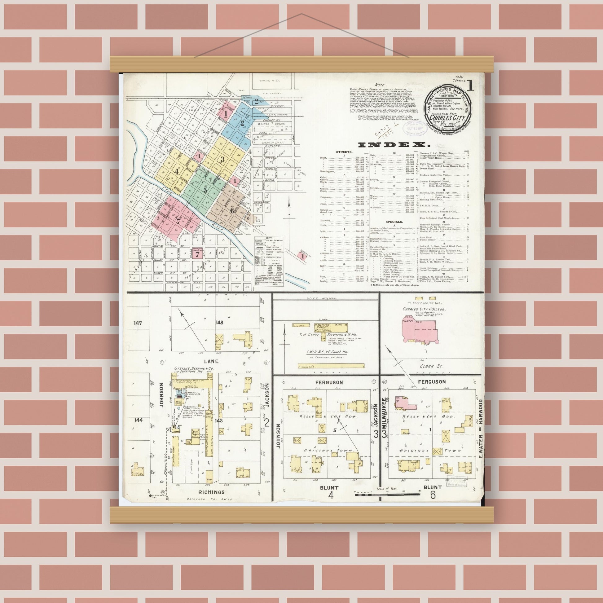 Old map wall art mockup — magnetic wood frame on brick wall — Sanborn Fire Insurance Map from Charles City, Floyd County, Iowa (1897) â€” Complete Set