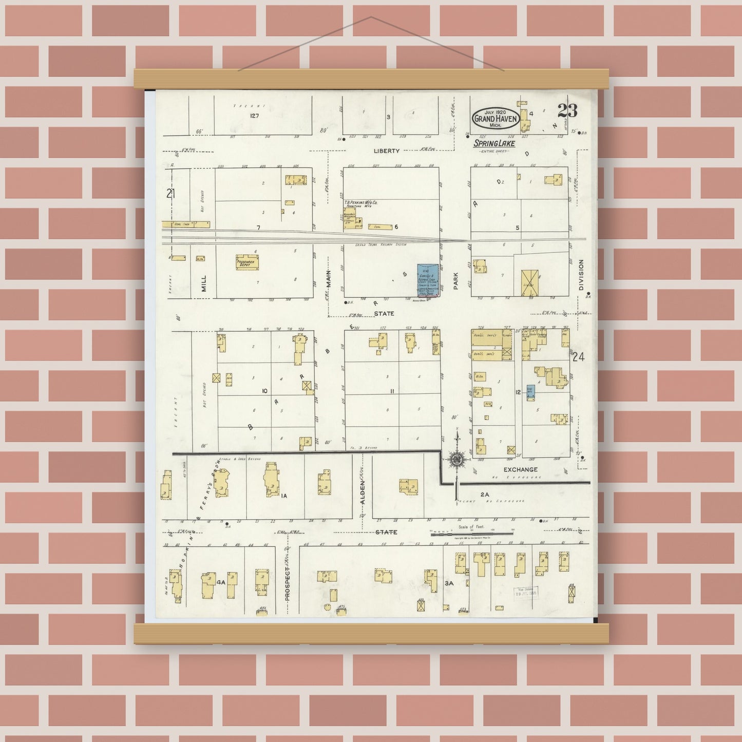 Old map wall art mockup — magnetic wood frame on brick wall — Sanborn Fire Insurance Map from Grand Haven, Ottawa County, Michigan (1920), Sheet #0023