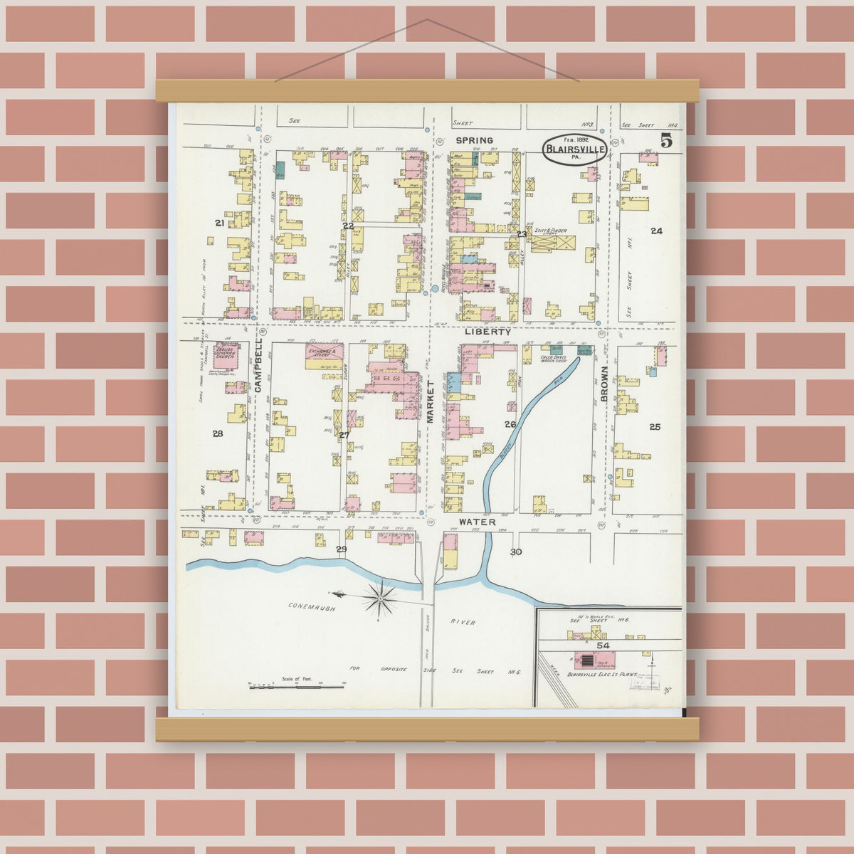 Old map wall art mockup — magnetic wood frame on brick wall — Sanborn Fire Insurance Map from Blairsville, Indiana County, Pennsylvania (1892), Sheet #0005