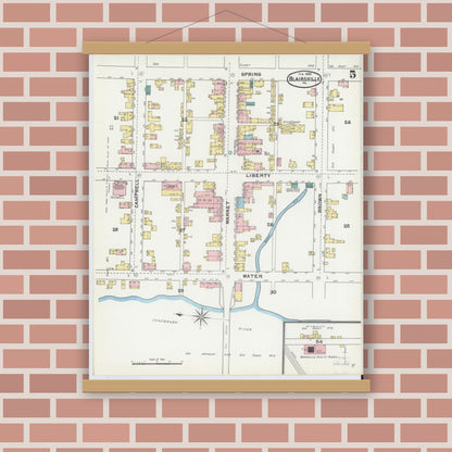 Old map wall art mockup — magnetic wood frame on brick wall — Sanborn Fire Insurance Map from Blairsville, Indiana County, Pennsylvania (1892), Sheet #0005