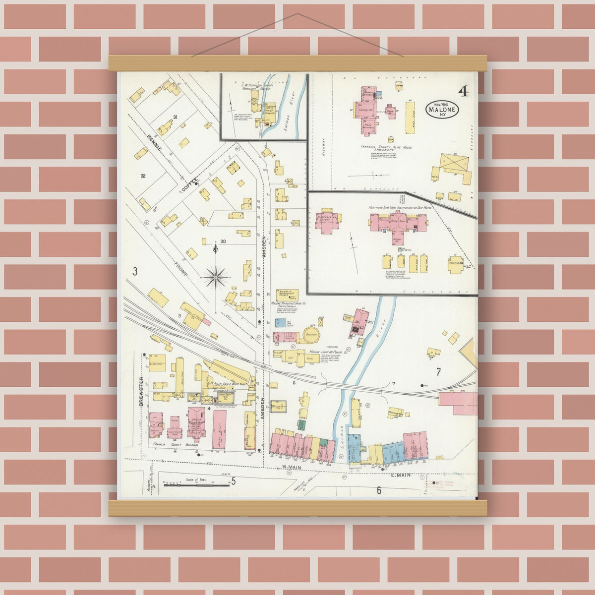 Old map wall art mockup — magnetic wood frame on brick wall — Sanborn Fire Insurance Map from Malone, Franklin County, New York (1903), Sheet #0004