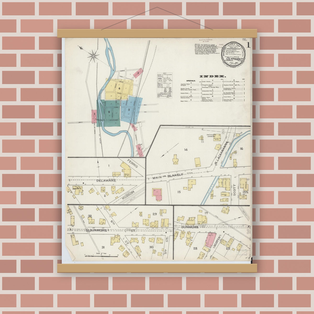 Old map wall art mockup — magnetic wood frame on brick wall — Sanborn Fire Insurance Map from Olyphant, Lackawanna County, Pennsylvania (1893) - Complete Map Set