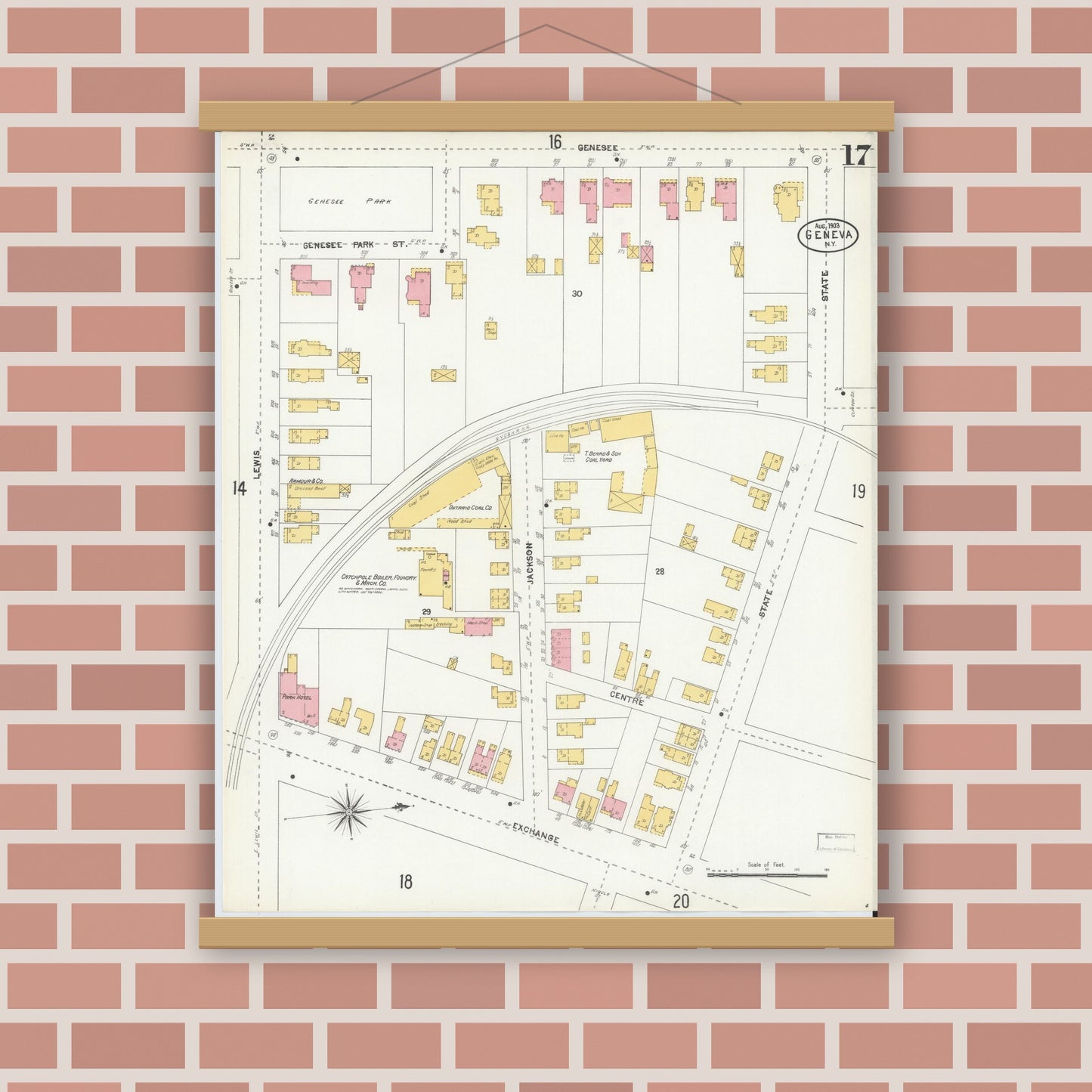 Old map wall art mockup — magnetic wood frame on brick wall — Sanborn Fire Insurance Map from Geneva, Ontario County, New York (1903), Sheet #0017