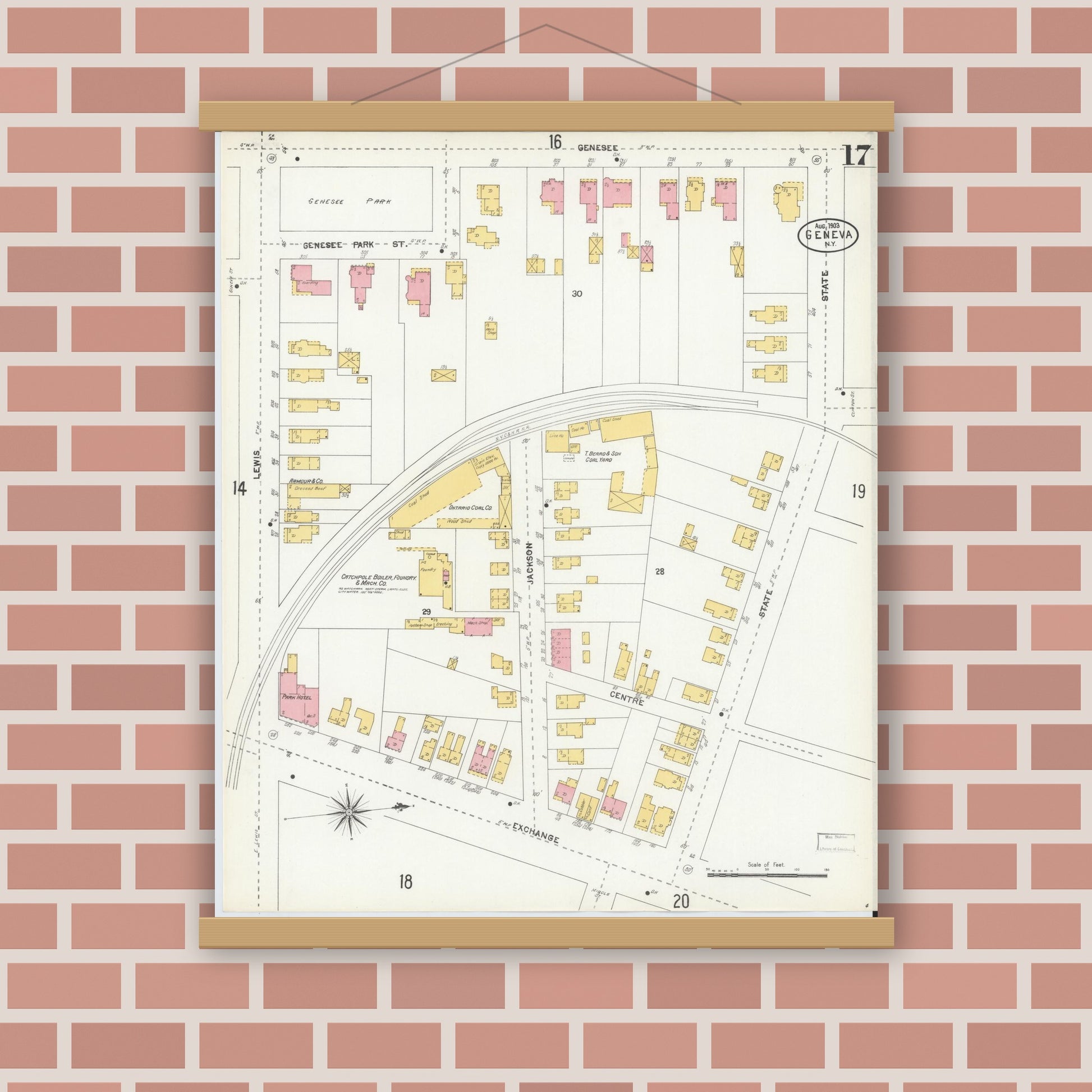 Old map wall art mockup — magnetic wood frame on brick wall — Sanborn Fire Insurance Map from Geneva, Ontario County, New York (1903), Sheet #0017