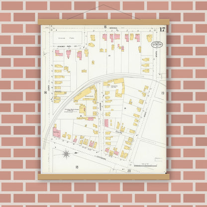 Old map wall art mockup — magnetic wood frame on brick wall — Sanborn Fire Insurance Map from Geneva, Ontario County, New York (1903), Sheet #0017