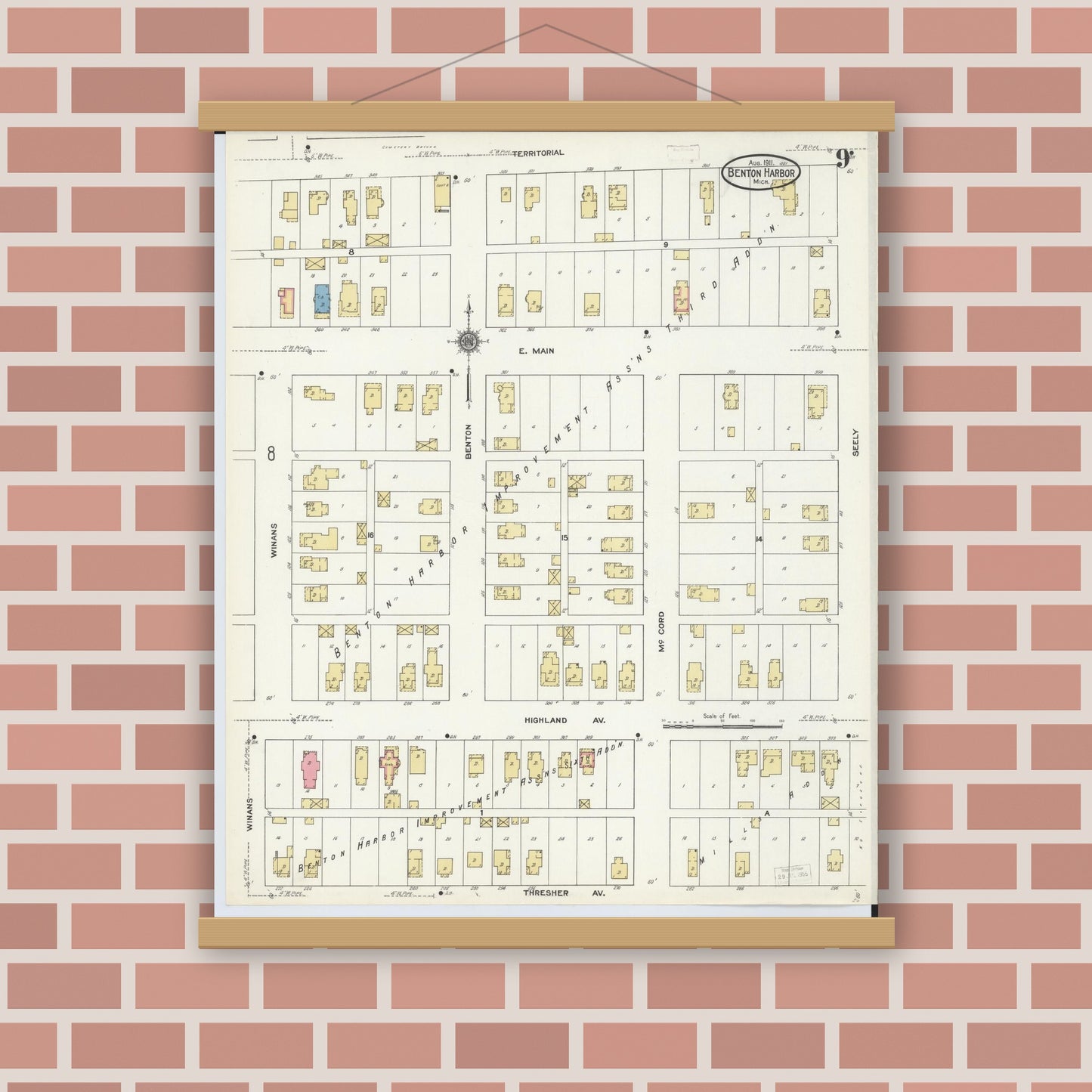 Old map wall art mockup — magnetic wood frame on brick wall — Sanborn Fire Insurance Map from Benton Harbor, Berrien County, Michigan (1911), Sheet #0009