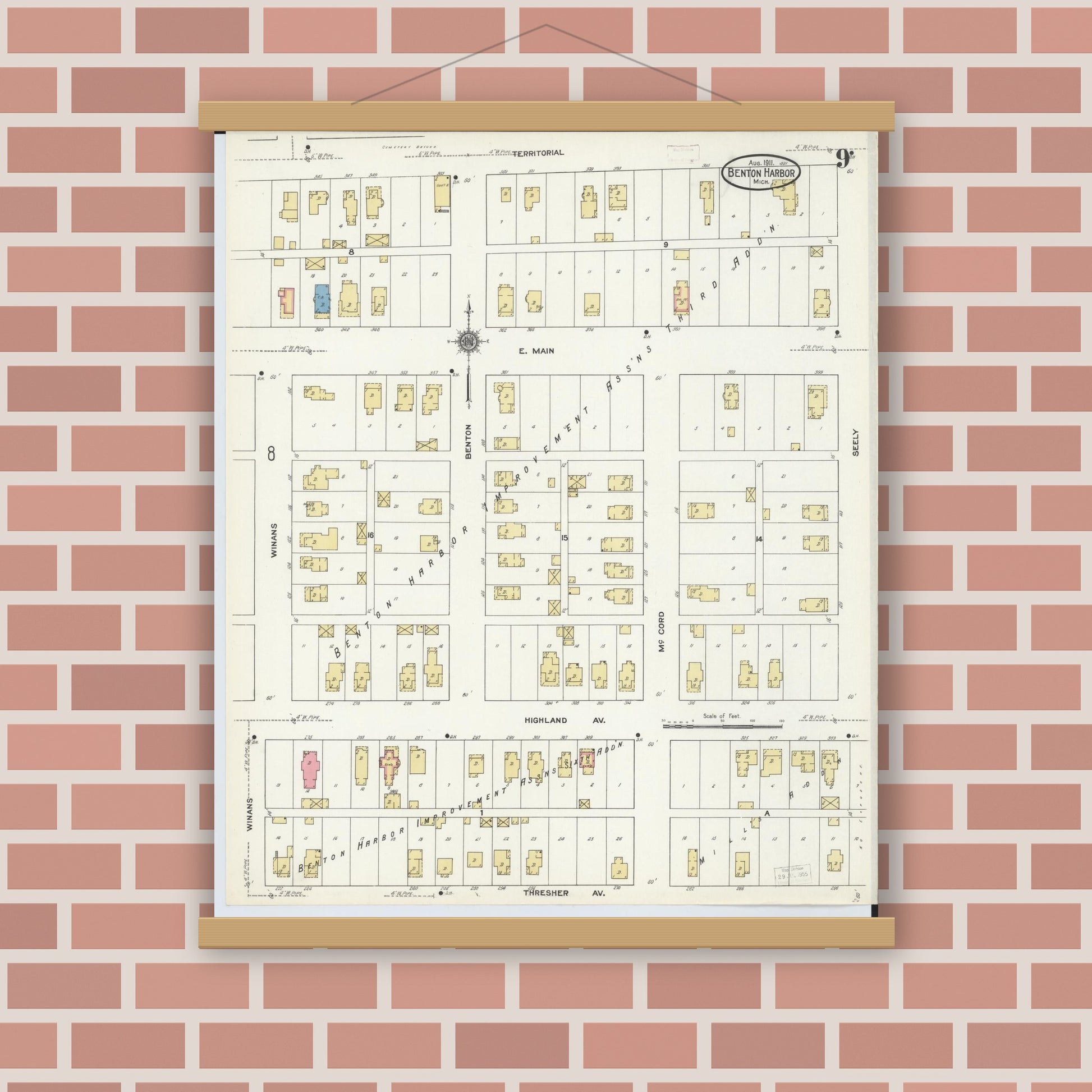 Old map wall art mockup — magnetic wood frame on brick wall — Sanborn Fire Insurance Map from Benton Harbor, Berrien County, Michigan (1911), Sheet #0009