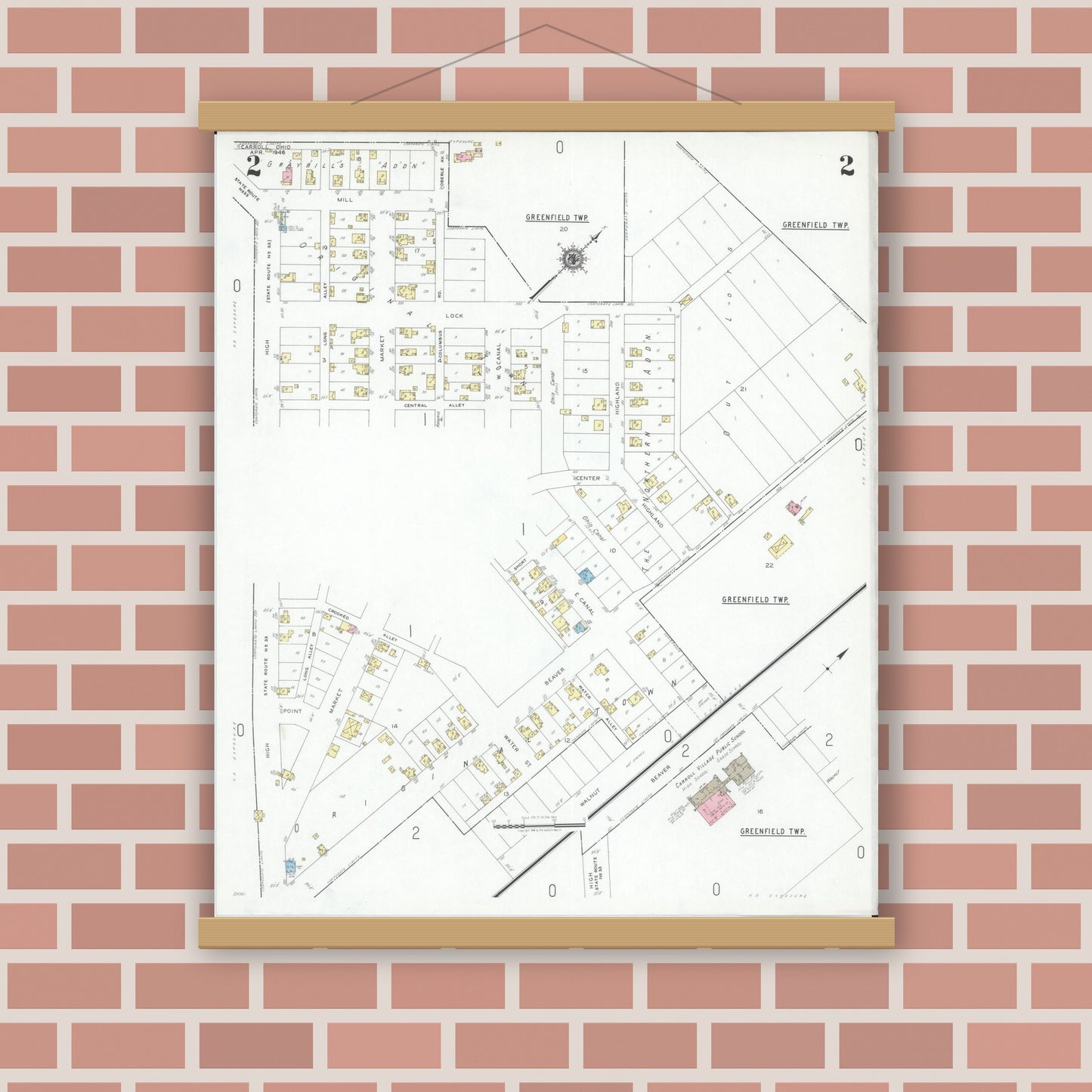 Old map wall art mockup — magnetic wood frame on brick wall — Sanborn Fire Insurance Map from Carroll, Fairfield County, Ohio (1946), Sheet #0002