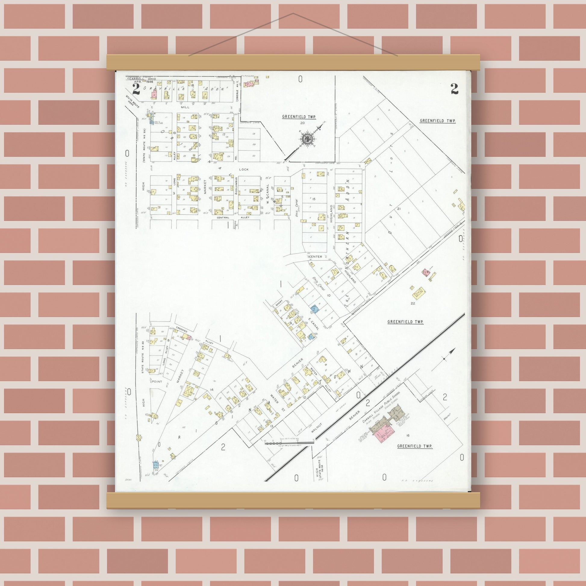 Old map wall art mockup — magnetic wood frame on brick wall — Sanborn Fire Insurance Map from Carroll, Fairfield County, Ohio (1946), Sheet #0002