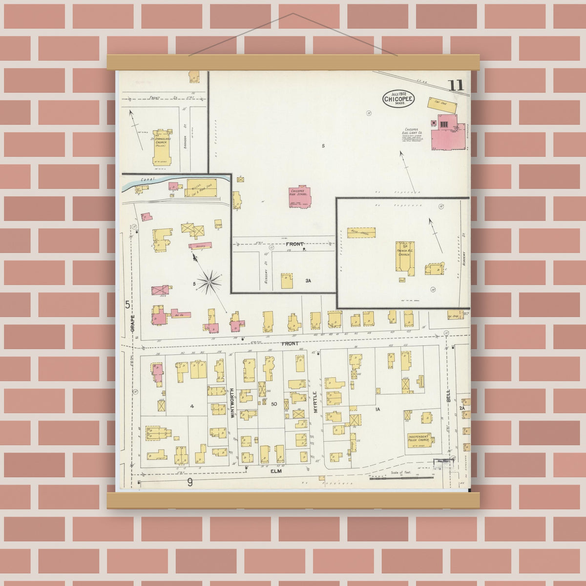 Old map wall art mockup — magnetic wood frame on brick wall — Sanborn Fire Insurance Map from Chicopee, Hampden County, Massachusetts (1902), Sheet #0011