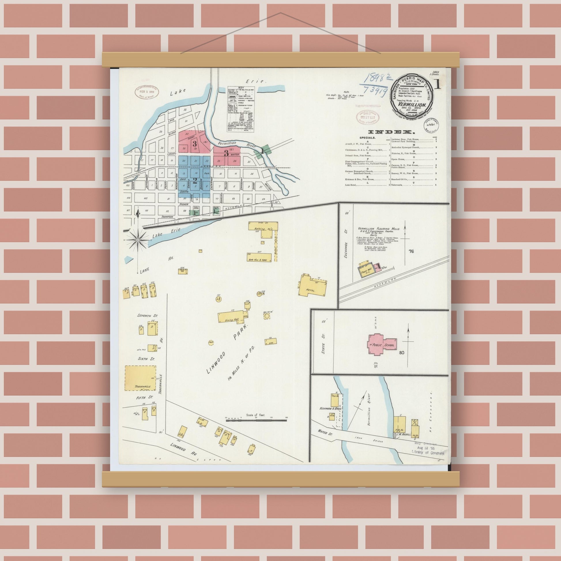 Old map wall art mockup — magnetic wood frame on brick wall — Sanborn Fire Insurance Map from Vermillion, Erie County, Ohio (1898), Sheet #0001