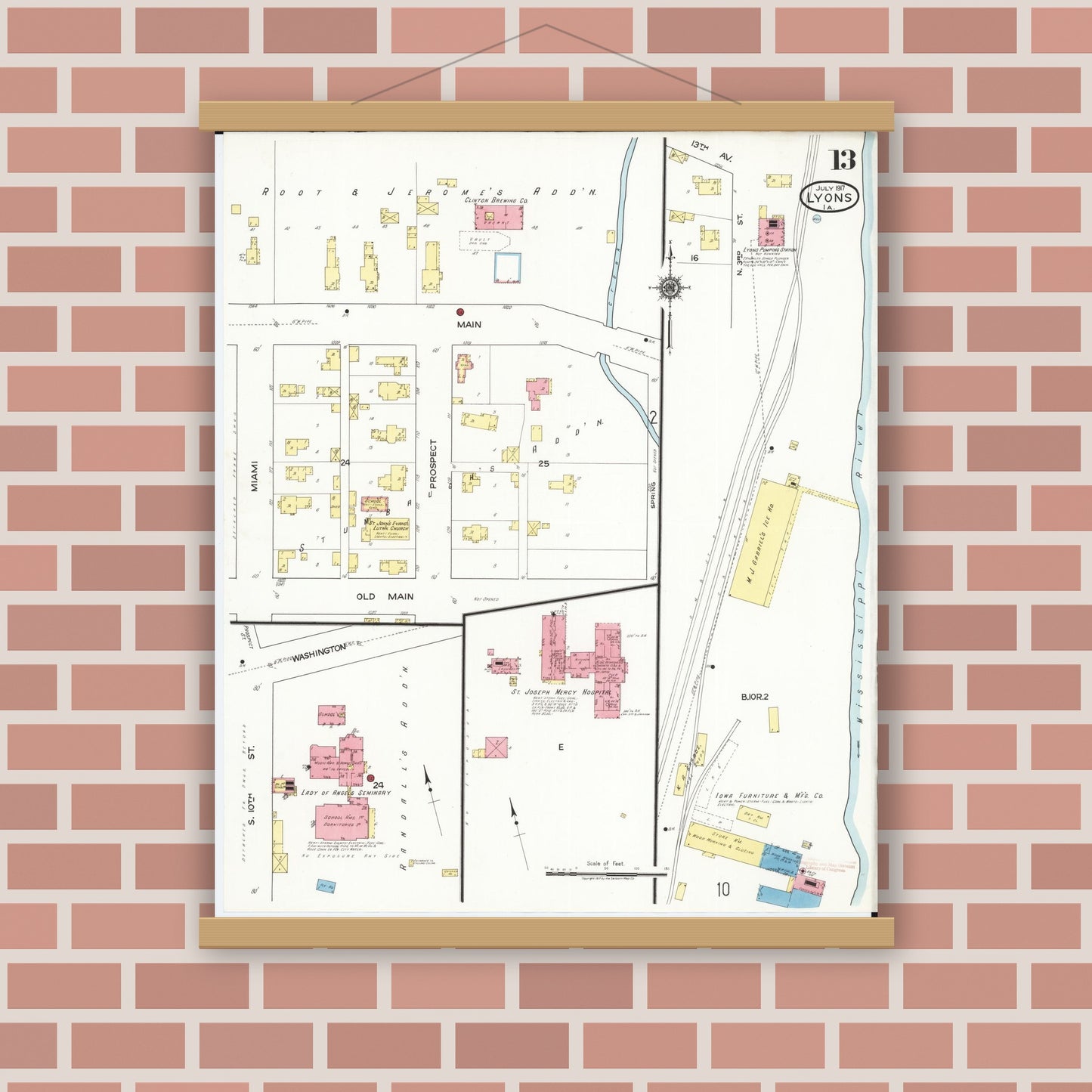 Old map wall art mockup — magnetic wood frame on brick wall — Sanborn Fire Insurance Map from Lyons, Clinton County, Iowa (1917), Sheet #0013