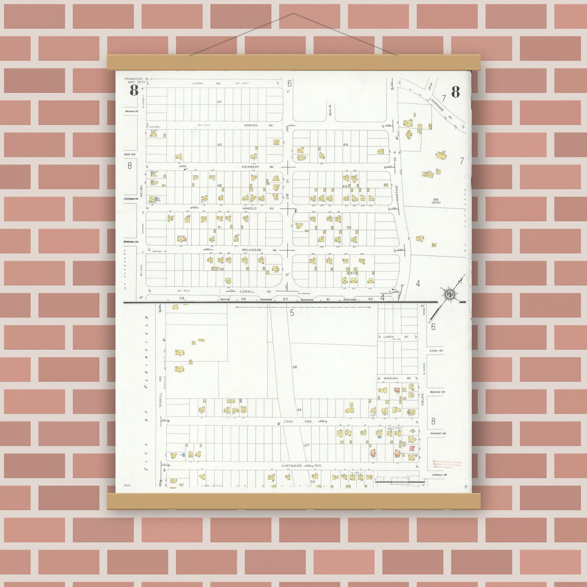 Old map wall art mockup — magnetic wood frame on brick wall — Sanborn Fire Insurance Map from Fanwood, Union County, New Jersey (1933), Sheet #0008