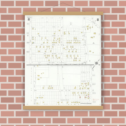 Old map wall art mockup — magnetic wood frame on brick wall — Sanborn Fire Insurance Map from Fanwood, Union County, New Jersey (1933), Sheet #0008