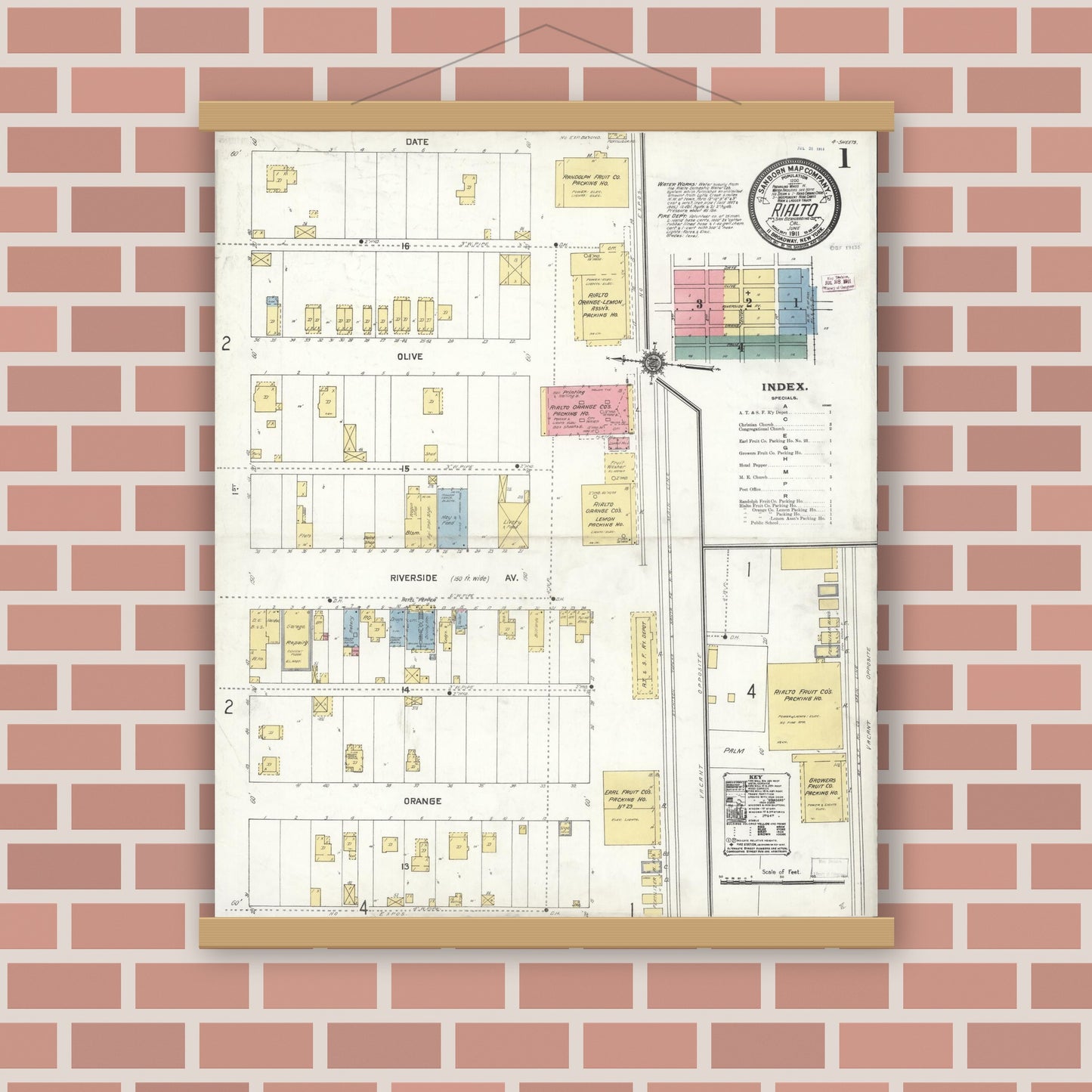 Old map wall art mockup — magnetic wood frame on brick wall — Sanborn Fire Insurance Map from Rialto, San Bernardino County, California (1911) - Complete Map Set