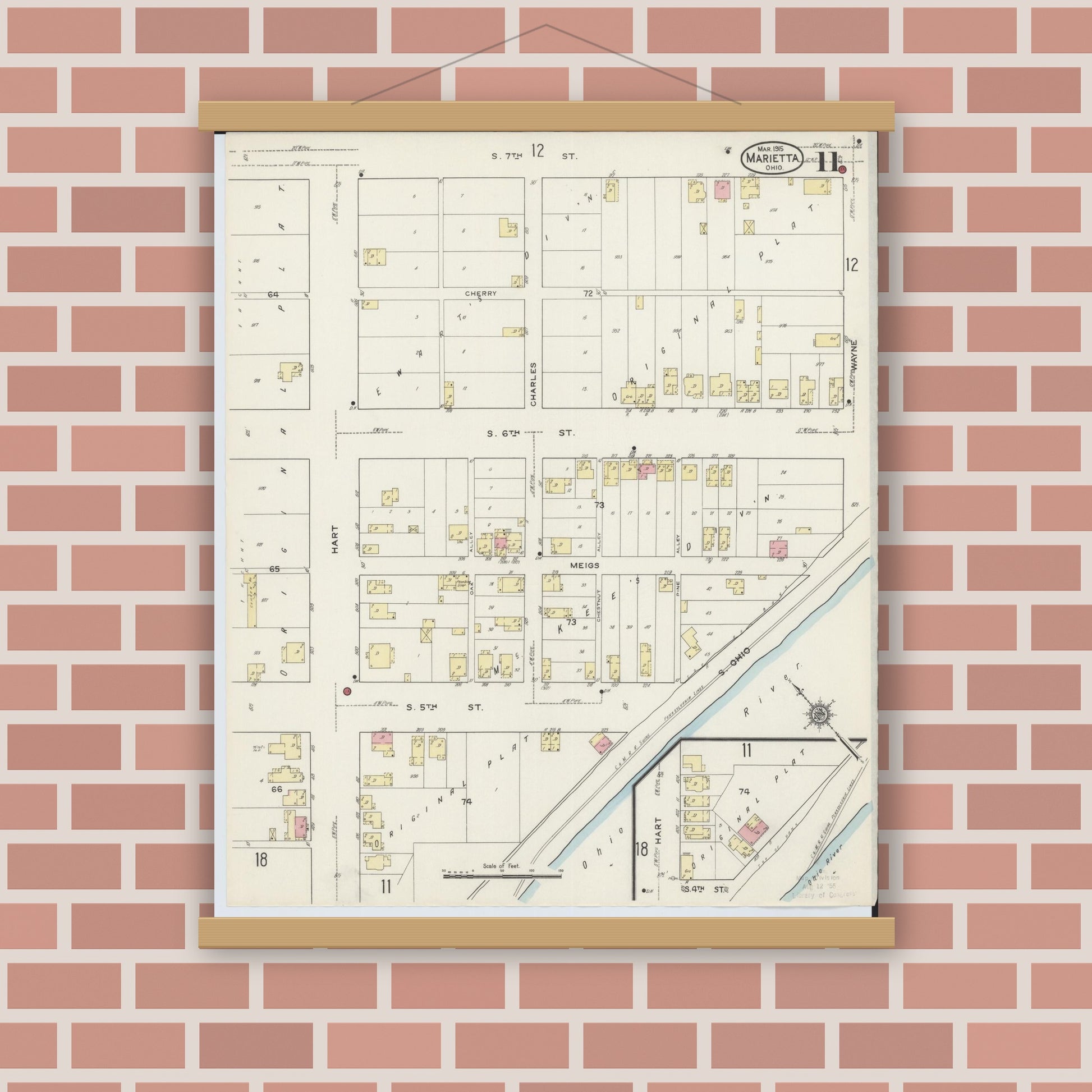 Old map wall art mockup — magnetic wood frame on brick wall — Sanborn Fire Insurance Map from Marietta, Washington County, Ohio (1915), Sheet #0011