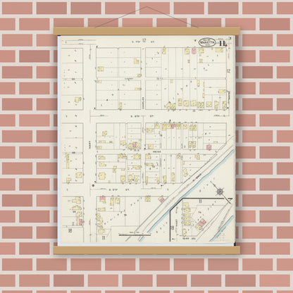 Old map wall art mockup — magnetic wood frame on brick wall — Sanborn Fire Insurance Map from Marietta, Washington County, Ohio (1915), Sheet #0011