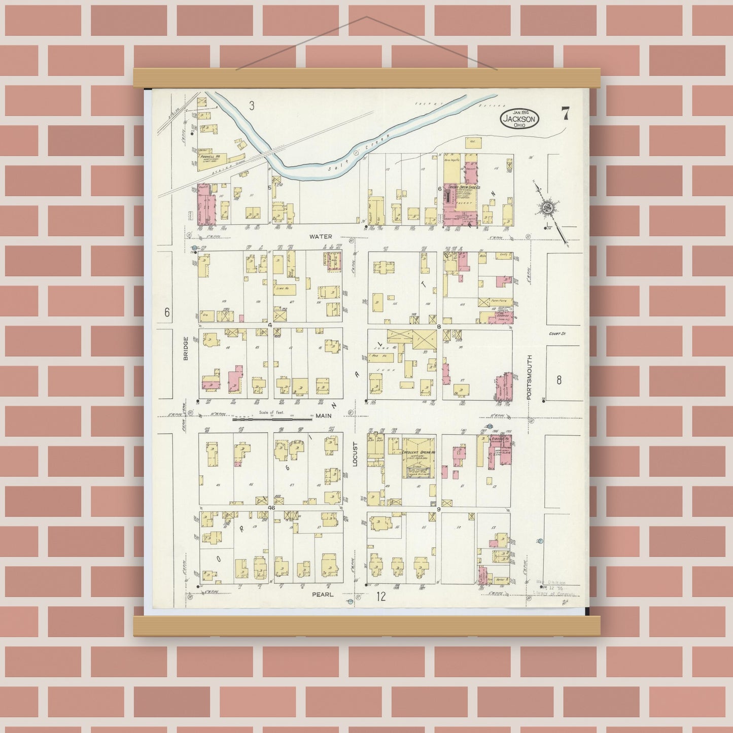 Old map wall art mockup — magnetic wood frame on brick wall — Sanborn Fire Insurance Map from Jackson, Jackson County, Ohio (1914), Sheet #0007