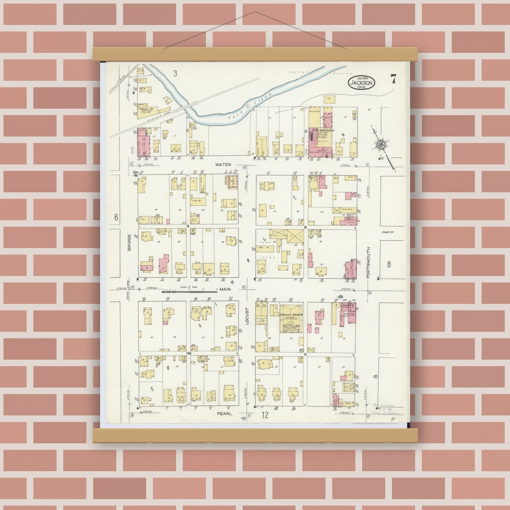 Old map wall art mockup — magnetic wood frame on brick wall — Sanborn Fire Insurance Map from Jackson, Jackson County, Ohio (1914), Sheet #0007
