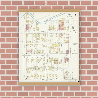 Old map wall art mockup — magnetic wood frame on brick wall — Sanborn Fire Insurance Map from Jackson, Jackson County, Ohio (1914), Sheet #0007