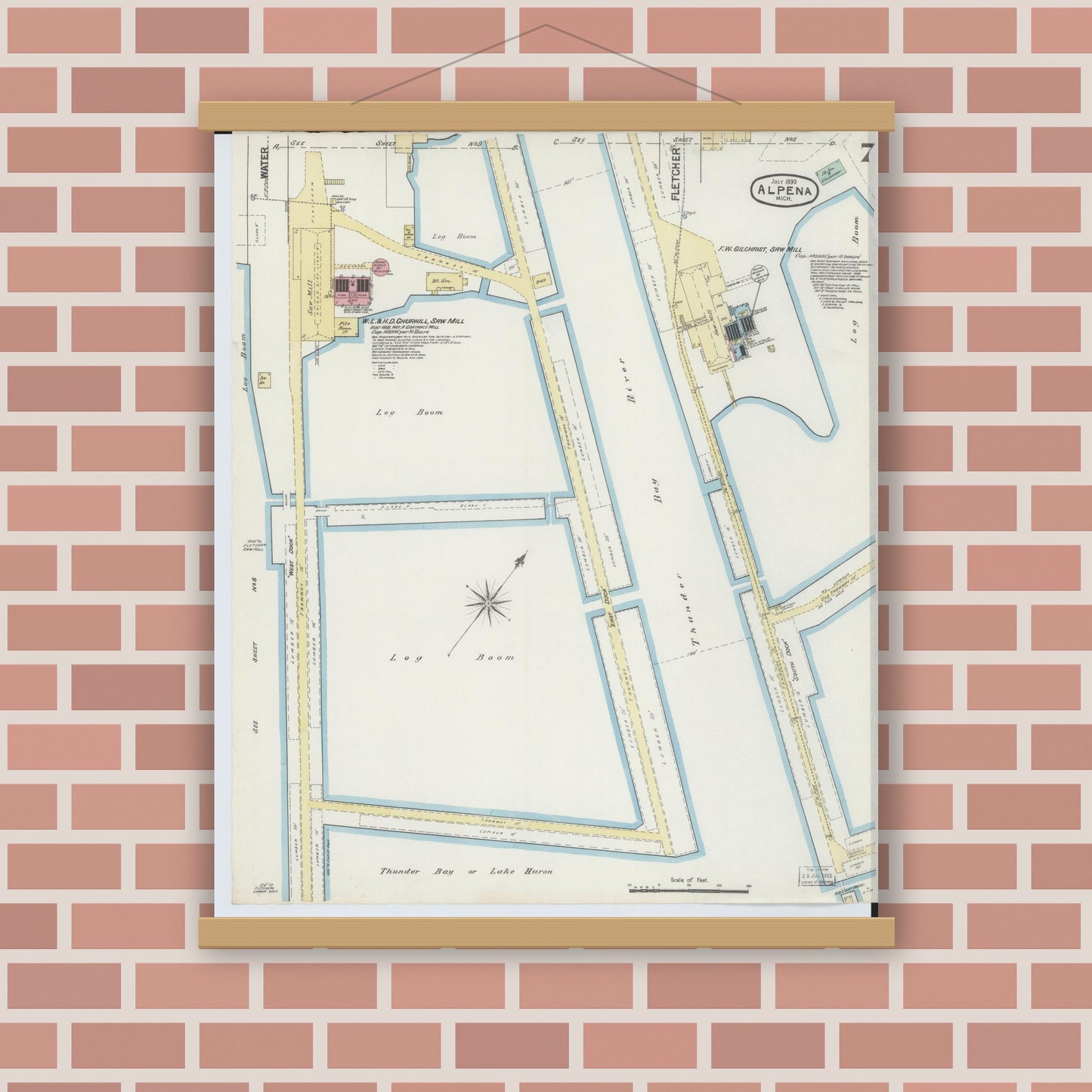 Old map wall art mockup — magnetic wood frame on brick wall — Sanborn Fire Insurance Map from Alpena, Alpena County, Michigan (1890), Sheet #0007