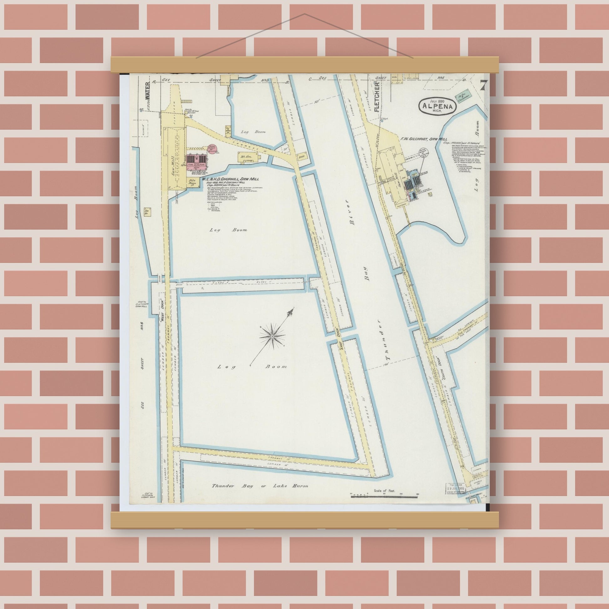 Old map wall art mockup — magnetic wood frame on brick wall — Sanborn Fire Insurance Map from Alpena, Alpena County, Michigan (1890), Sheet #0007