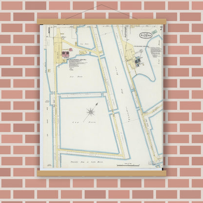 Old map wall art mockup — magnetic wood frame on brick wall — Sanborn Fire Insurance Map from Alpena, Alpena County, Michigan (1890), Sheet #0007