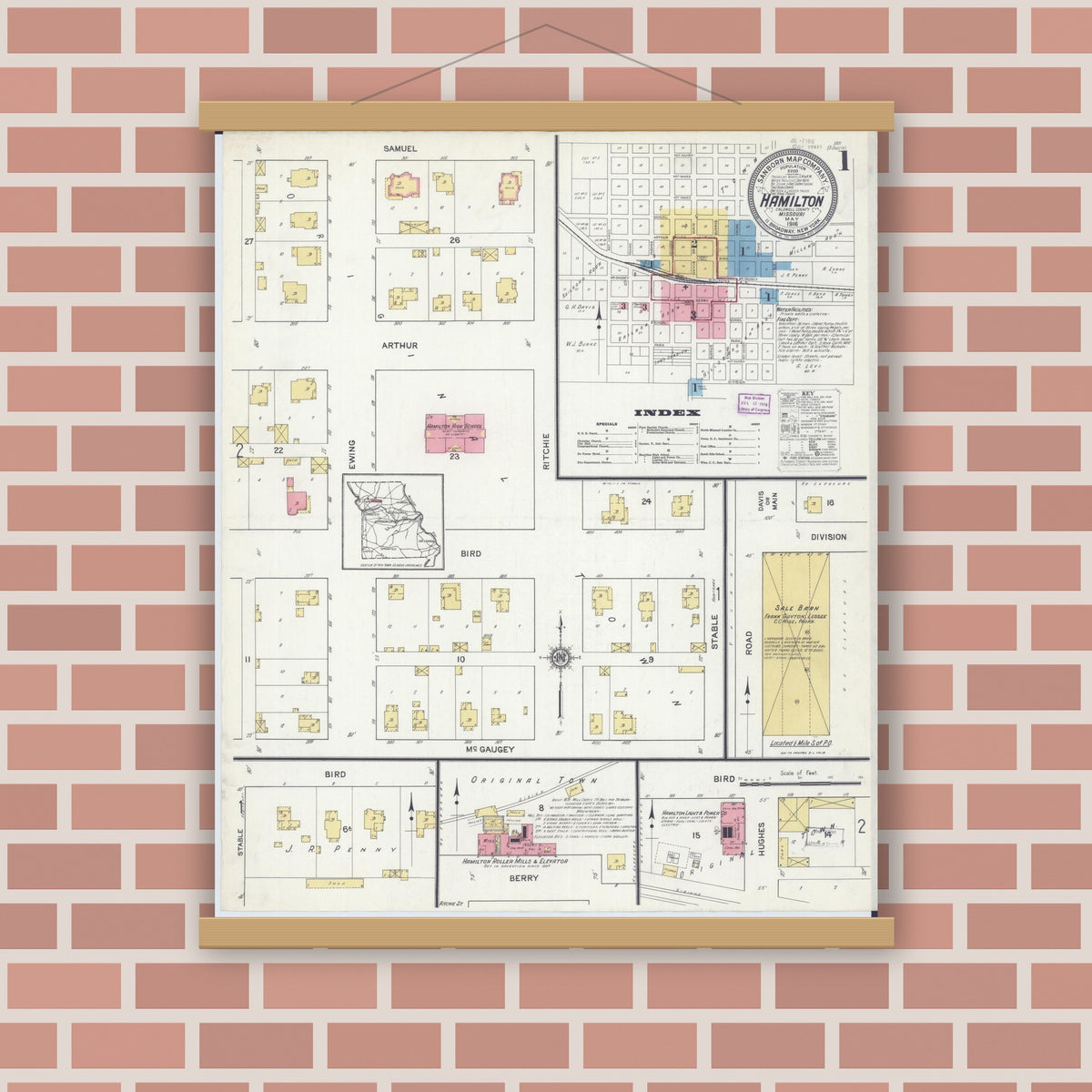 Old map wall art mockup — magnetic wood frame on brick wall — Sanborn Fire Insurance Map from Hamilton, Caldwell County, Missouri (1916) - Complete Map Set