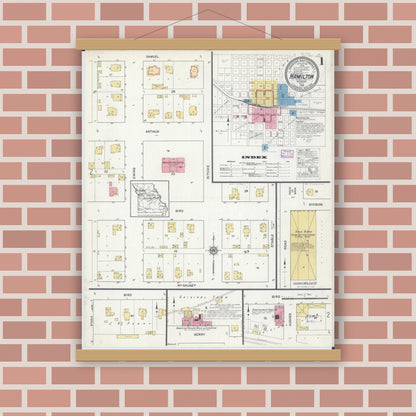 Old map wall art mockup — magnetic wood frame on brick wall — Sanborn Fire Insurance Map from Hamilton, Caldwell County, Missouri (1916) - Complete Map Set
