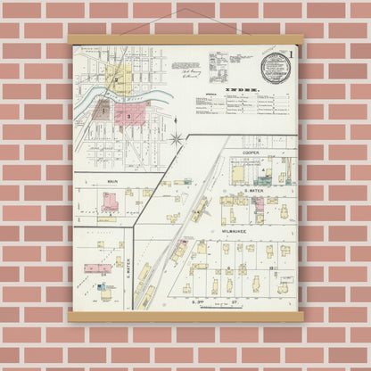 Old map wall art mockup — magnetic wood frame on brick wall — Sanborn Fire Insurance Map from Fort Atkinson, Jefferson County, Wisconsin (1892), Sheet #0001