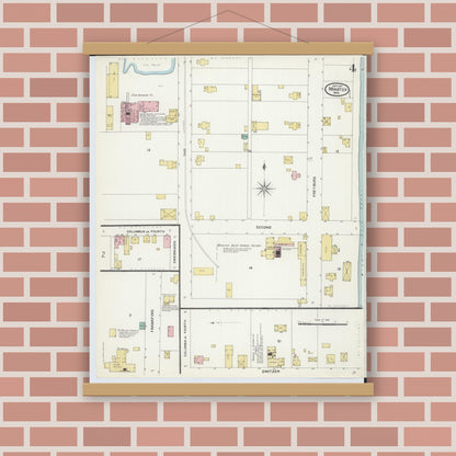 Old map wall art mockup — magnetic wood frame on brick wall — Sanborn Fire Insurance Map from Minster, Auglaize County, Ohio (1907), Sheet #0004