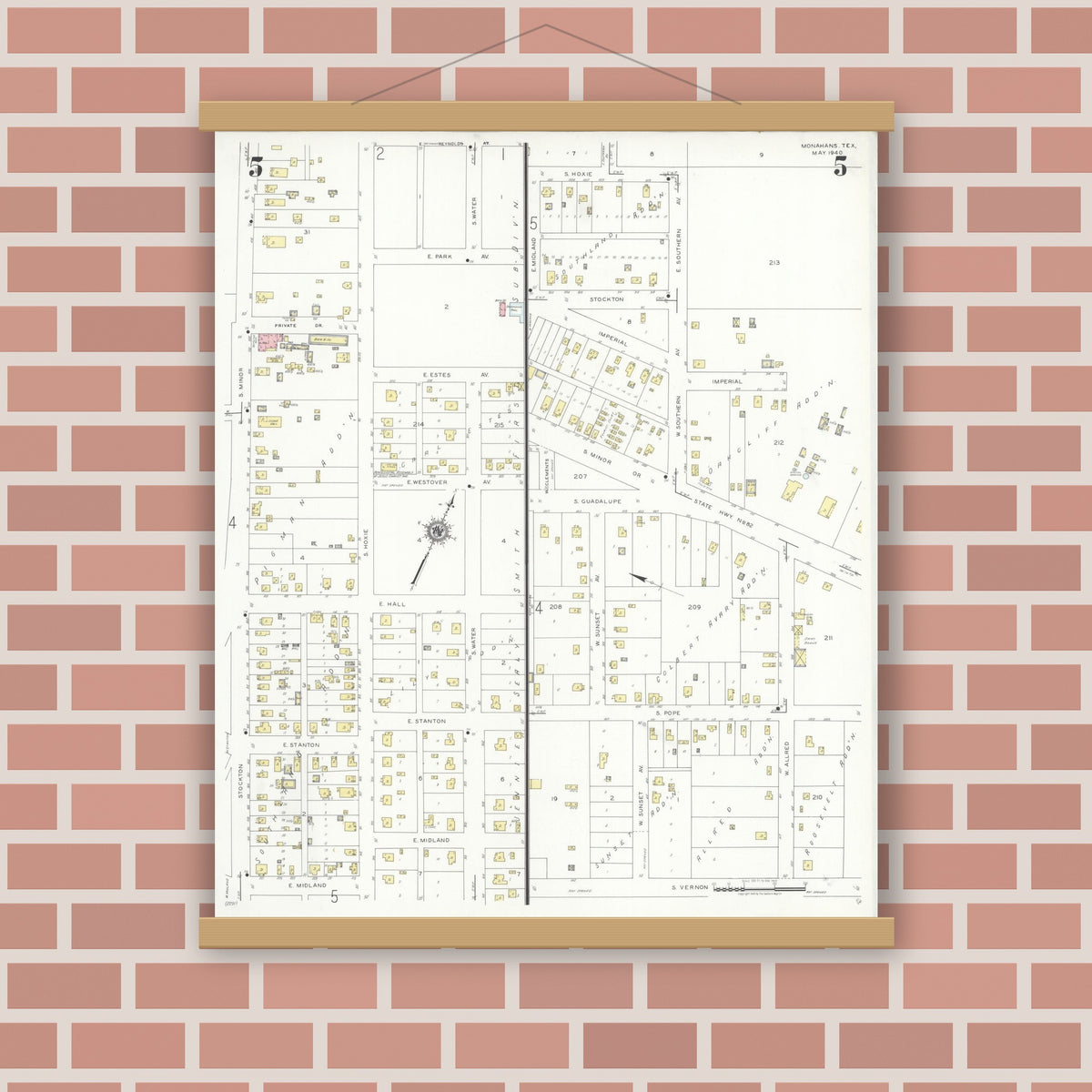 Old map wall art mockup — magnetic wood frame on brick wall — Sanborn Fire Insurance Map from Monahans, Ward County, Texas (1940), Sheet #0005